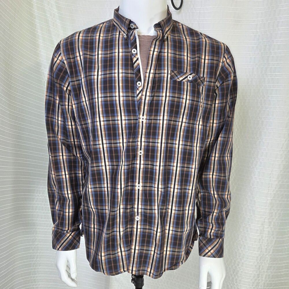 7 Diamonds Premium Shirt Lightweight Button Down Brown Blue Plaid Men’s L